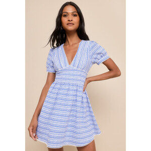 Lulus Lovely Chicness Blue And White Geo Print Puff Sleeve Mini Dress - Size M